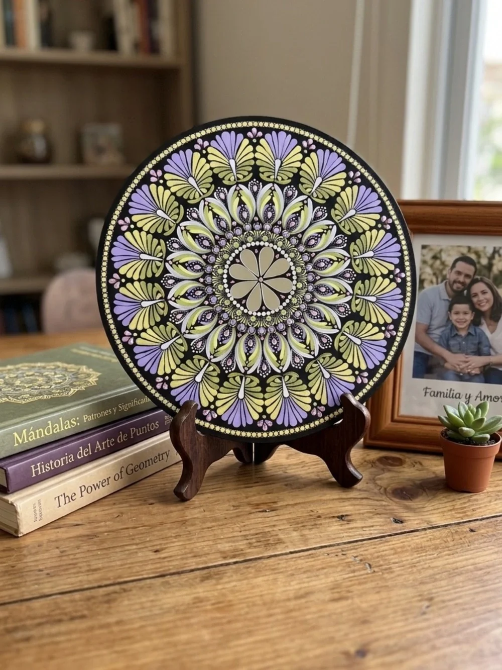 10” Hand Painted Birch Wood Mandala Wall Art Crystal Dot Painting Decor.